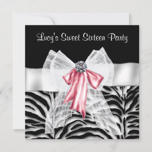 Invitation Pink Black Zebra Sweet 16 Anniversaire (Devant)