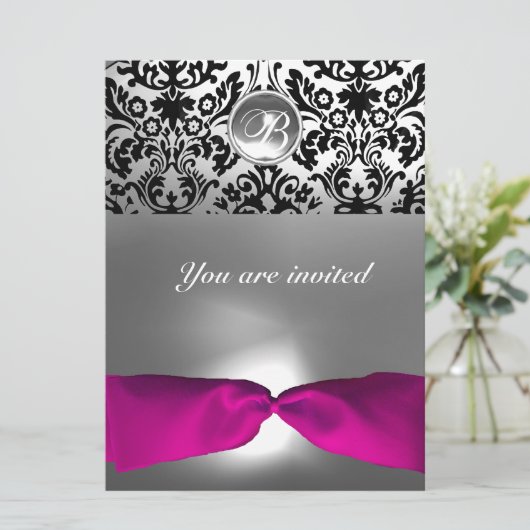 INVITATION PINK BLANC FUCHSIA DAMASK GEMME PIERRE MONOGRAMME (Debout devant)