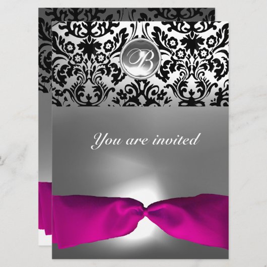 INVITATION PINK BLANC FUCHSIA DAMASK GEMME PIERRE MONOGRAMME (Devant / Derrière)