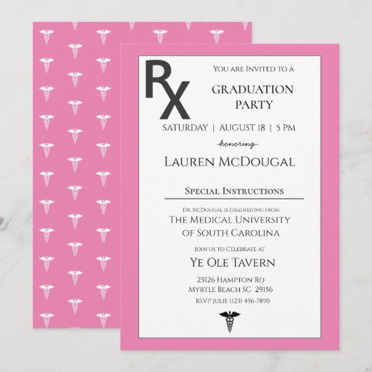 Invitation Pink Blanc Médicale Prescription Pad Graduation (Devant / Derrière)