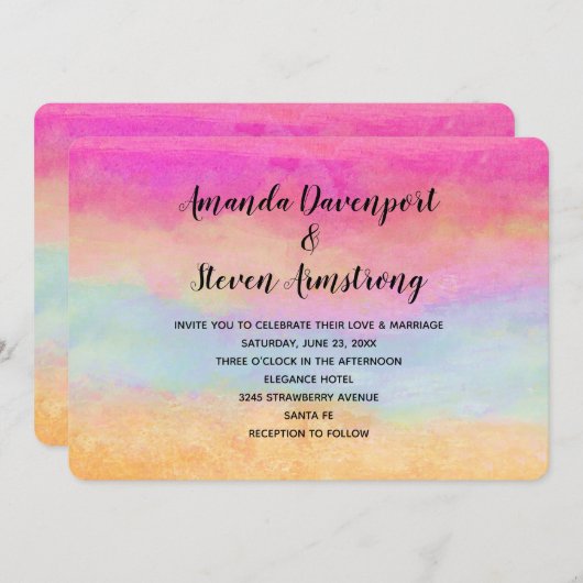 Invitation Pink bleu Jaune arc-en-ciel Abstrait rayures Maria (Devant / Derrière)