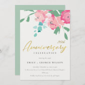 INVITATION PINK BLEU OR PIVOINE FLEURALE QUELQUE SOIT L'ANNIV (Devant / Derrière)