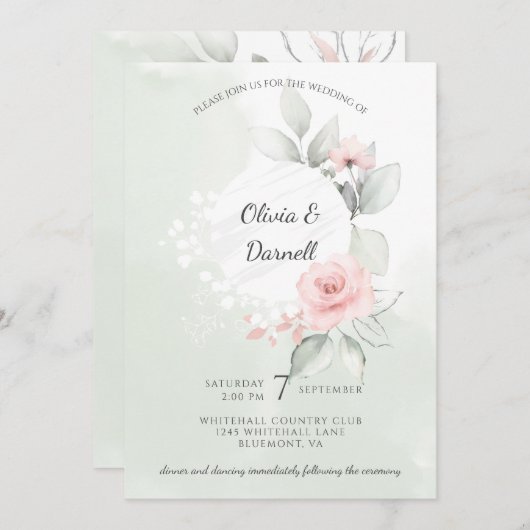 Invitation Pink Bliss Rose Pastel Green Wash Mariage (Devant / Derrière)