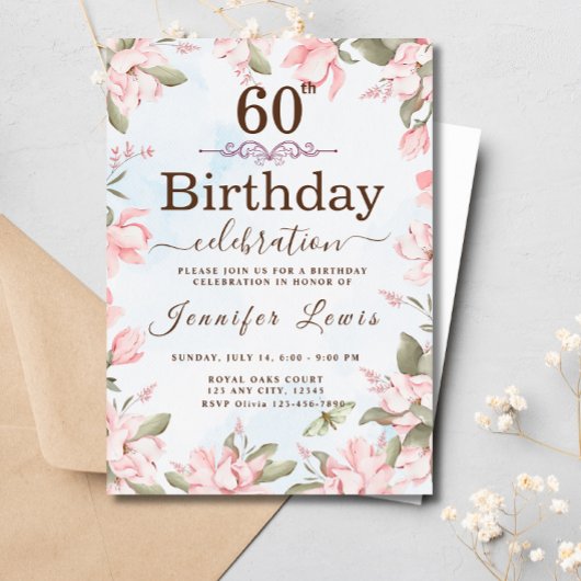 Invitation Pink Blue 60 Fabuleux fête d'anniversaire florale