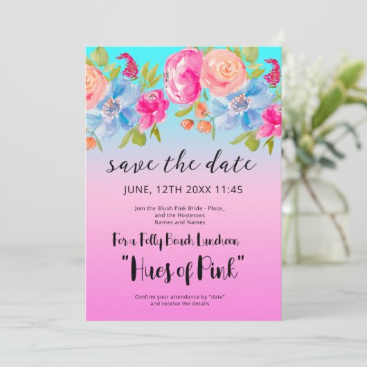 Invitation Pink Blue Beach Gradient Bridal Enregistrer la dat (Debout devant)