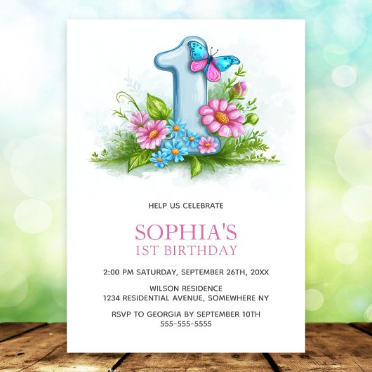 Invitation Pink Blue Butterfly Floral 1st Birthday Party