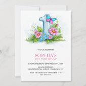 Invitation Pink Blue Butterfly Floral 1st Birthday Party (Devant)