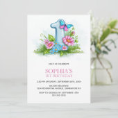 Invitation Pink Blue Butterfly Floral 1st Birthday Party (Debout devant)