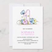 Invitation Pink Blue Butterfly Flowers 1st Birthday Party (Devant)