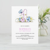 Invitation Pink Blue Butterfly Flowers 1st Birthday Party (Debout devant)