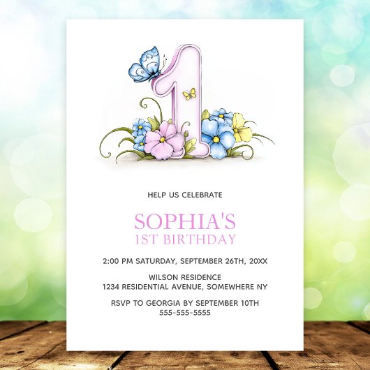 Invitation Pink Blue Butterfly Flowers 1st Birthday Party