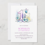 Invitation Pink Blue Butterfly Flowers 1st Birthday Party (Devant)