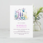 Invitation Pink Blue Butterfly Flowers 1st Birthday Party (Debout devant)