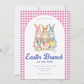 Invitation Pink Blue Floral Bunny Watercolor Gingham Easter