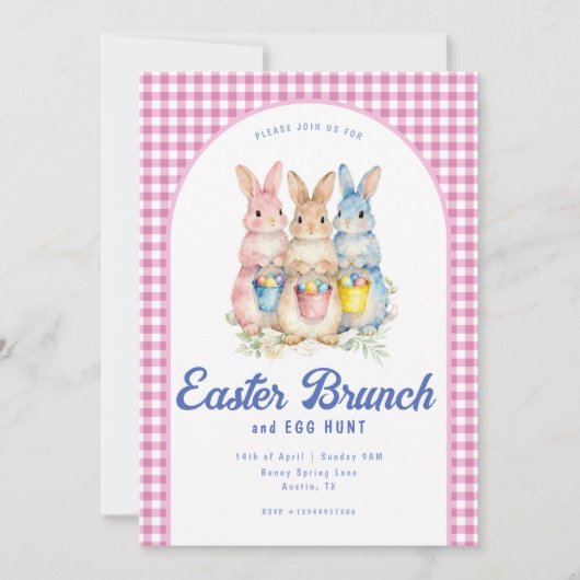 Invitation Pink Blue Floral Bunny Watercolor Gingham Easter (Devant)