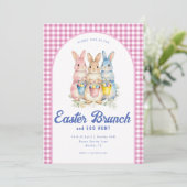 Invitation Pink Blue Floral Bunny Watercolor Gingham Easter (Debout devant)