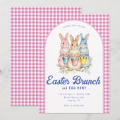 Invitation Pink Blue Floral Bunny Watercolor Gingham Easter (Devant / Derrière)