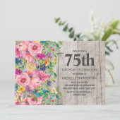 Invitation Pink Blue Floral Rustic Wood 75e fête d'anniversai (Debout devant)