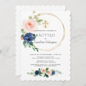 Invitation Pink Blue Flores Invitacion De Bautizo Espagnol (Devant / Derrière)