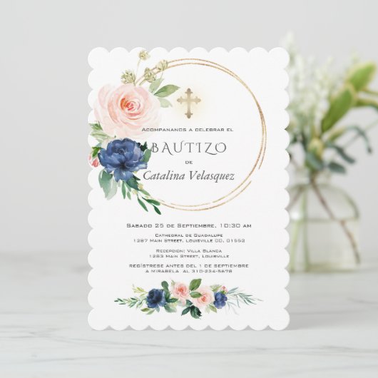 Invitation Pink Blue Flores Invitacion De Bautizo Espagnol (Debout devant)