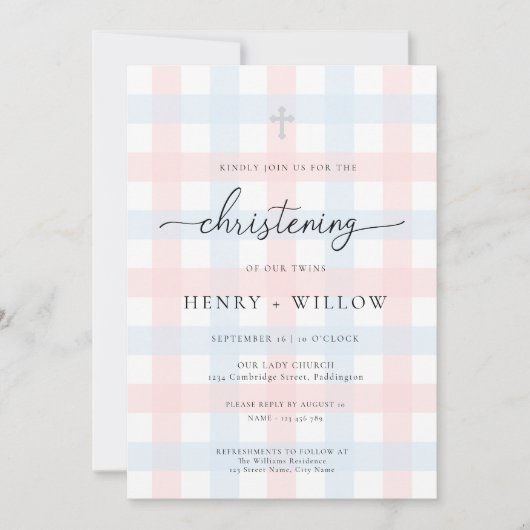 Invitation Pink Blue Gingham Christening (Devant)