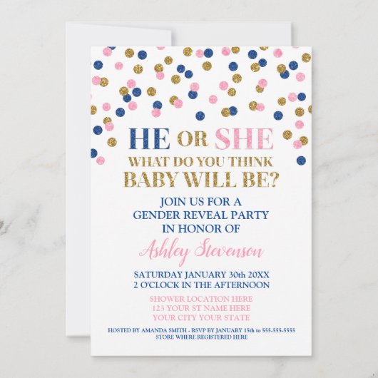 Invitation Pink Blue Gold Confetti Genre Reveal Douche (Dos)