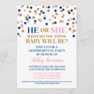 Invitation Pink Blue Gold Confetti Genre Reveal Douche