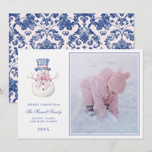 Invitation Pink & Blue Grandmillennial Damask Snowman Photo (Devant / Derrière)