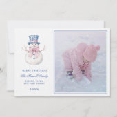 Invitation Pink & Blue Grandmillennial Damask Snowman Photo (Devant)
