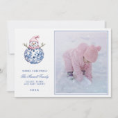 Invitation Pink & Blue Grandmillennial Damask Snowman Photo (Devant)