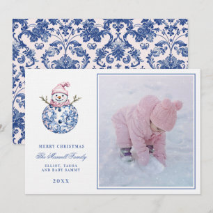 Invitation Pink & Blue Grandmillennial Damask Snowman Photo
