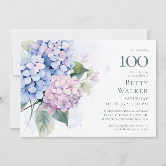 Invitation Pink Blue Hydrangeas 100ème anniversaire (Devant)