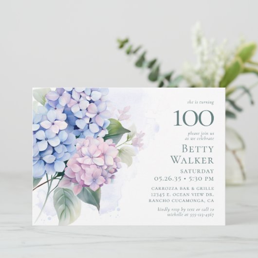 Invitation Pink Blue Hydrangeas 100ème anniversaire (Debout devant)