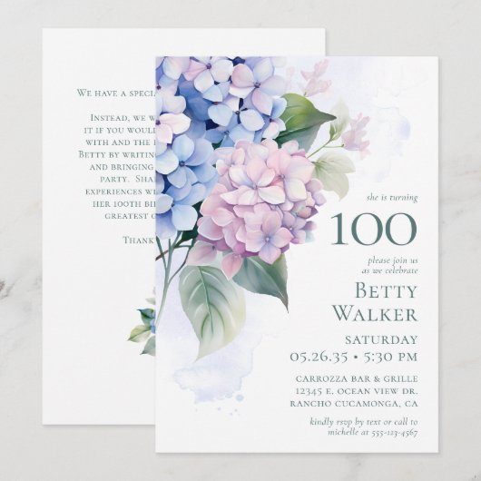 Invitation Pink Blue Hydrangeas 100th Birthday Card Request (Devant / Derrière)