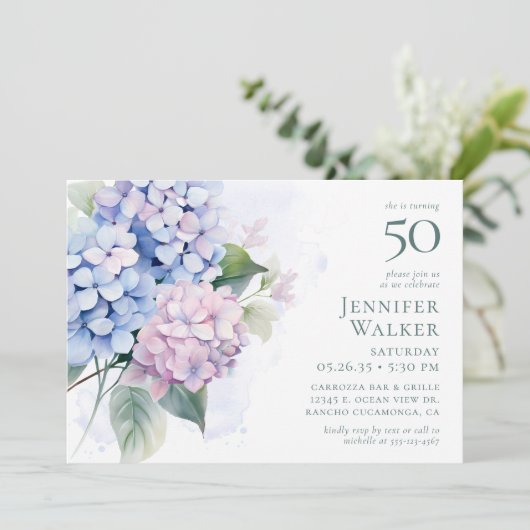 Invitation Pink Blue Hydrangeas 50ème anniversaire (Debout devant)