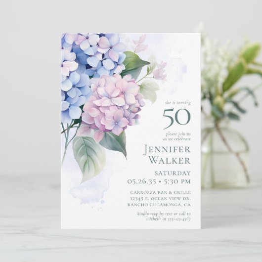 Invitation Pink Blue Hydrangeas 50ème anniversaire (Debout devant)