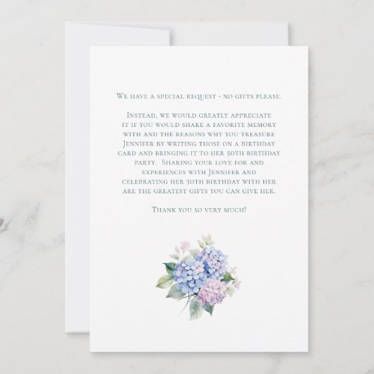 Invitation  Pink Blue Hydrangeas 50th Birthday Card Request  (Dos)
