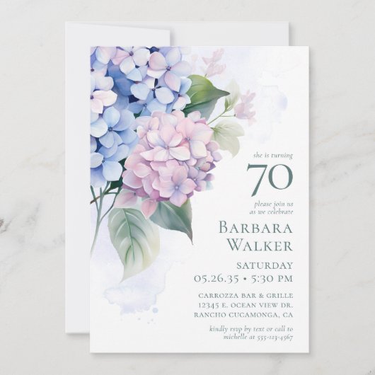 Invitation Pink Blue Hydrangeas 70e anniversaire (Devant)