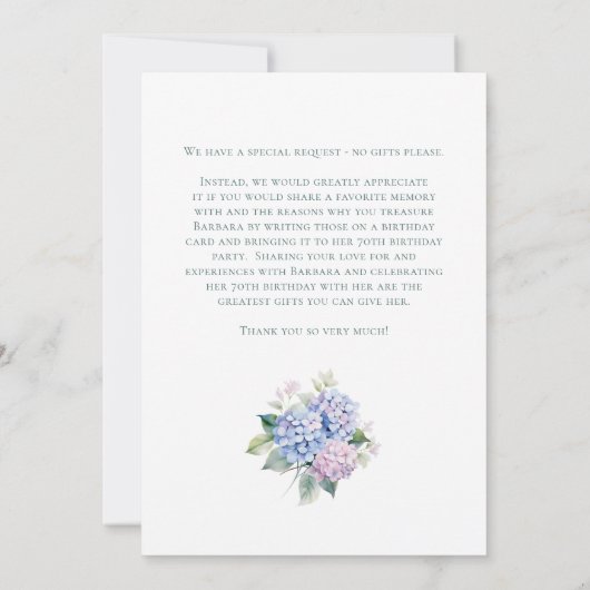 Invitation  Pink Blue Hydrangeas 70th Birthday Card Request  (Dos)