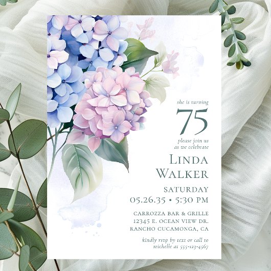 Invitation Pink Blue Hydrangeas 75ème anniversaire