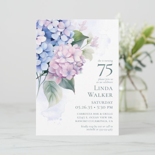 Invitation Pink Blue Hydrangeas 75ème anniversaire (Debout devant)
