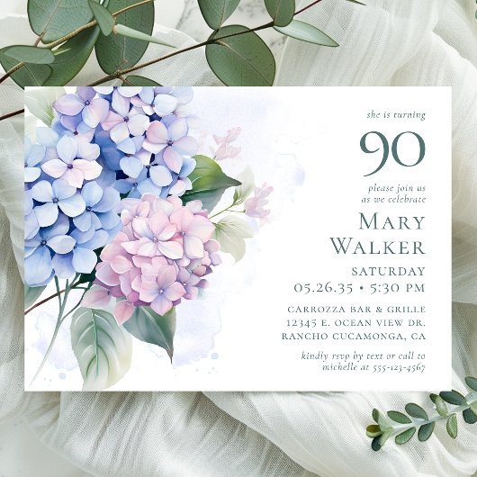 Invitation Pink Blue Hydrangeas 90ème anniversaire