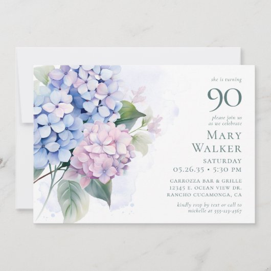 Invitation Pink Blue Hydrangeas 90ème anniversaire (Devant)