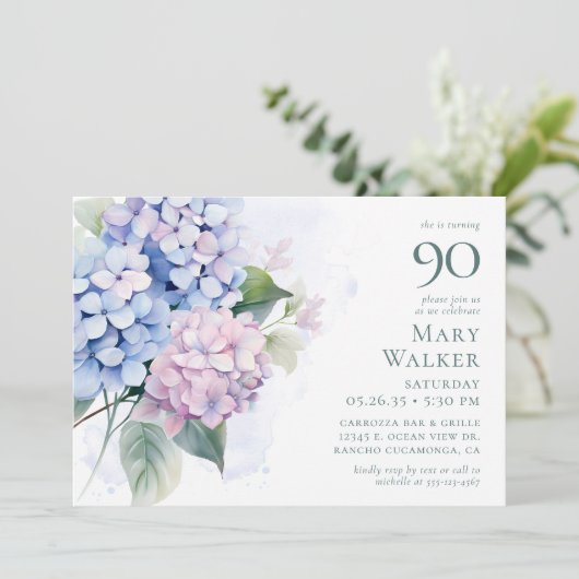 Invitation Pink Blue Hydrangeas 90ème anniversaire (Debout devant)
