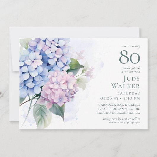 Invitation Pink Blue Hydrangeas fête de 80e anniversaire (Devant)