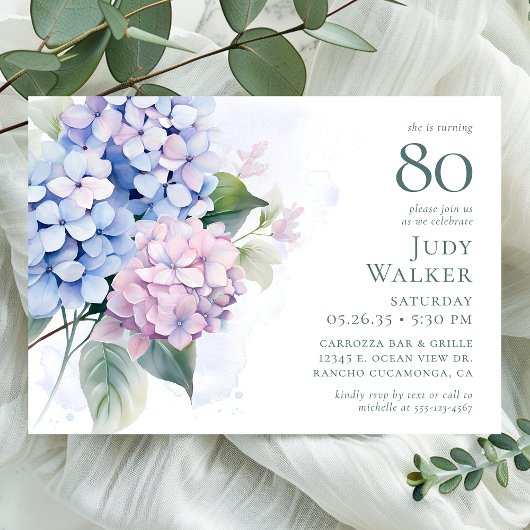 Invitation Pink Blue Hydrangeas fête de 80e anniversaire