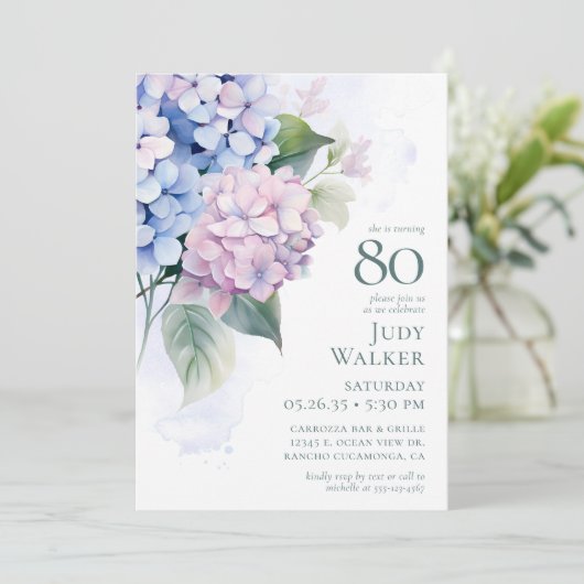 Invitation Pink Blue Hydrangeas fête de 80e anniversaire (Debout devant)