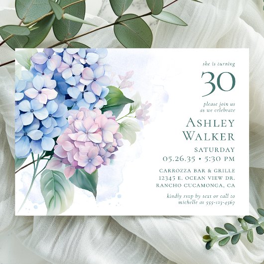 Invitation Pink Blue Hydrangeas fête du 30e anniversaire