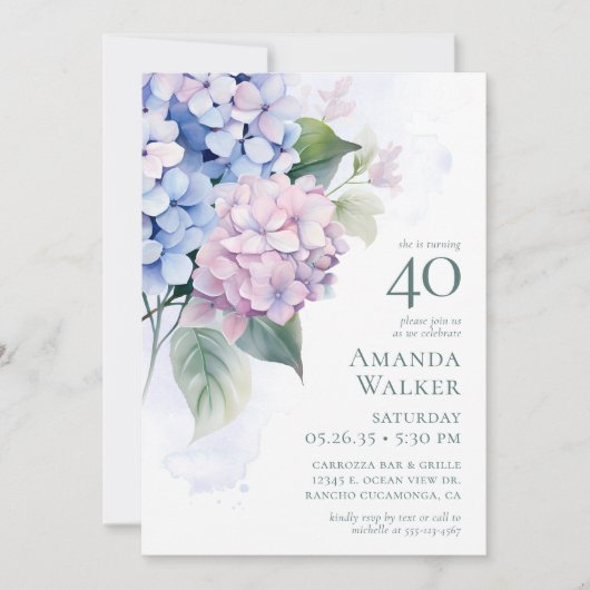 Invitation Pink Blue Hydrangeas fête du 40e anniversaire (Devant)