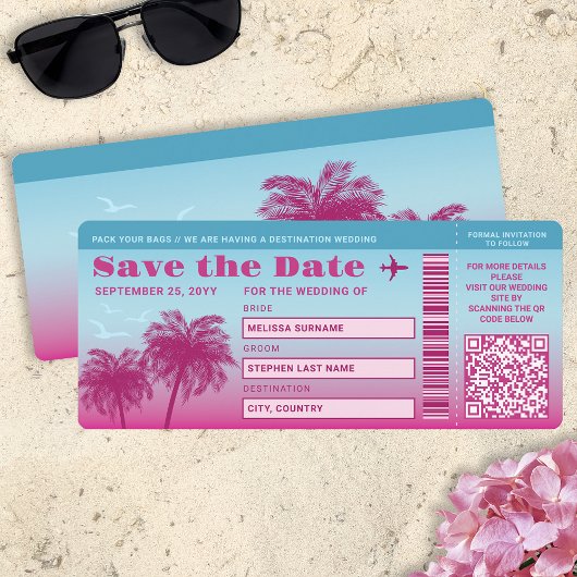 Invitation Pink Blue Palms Faux Embarquement Pass Enregistrer